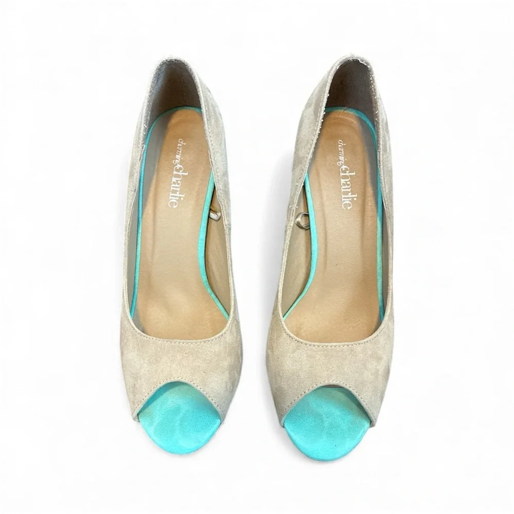Charming Charlie Suede Beige and Turquoise Peep-Toe Heels 8.5